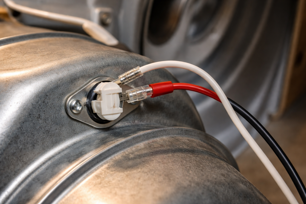 Close-up of a dryer thermal fuse mounted inside a clothes dryer on the blower housing.