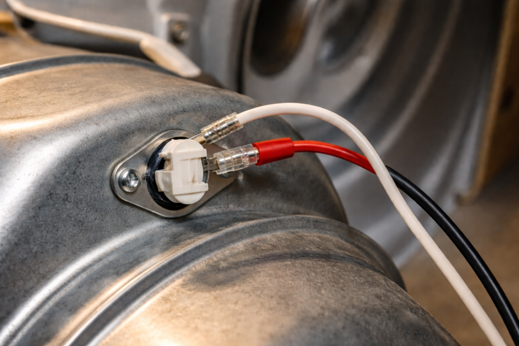 Dryer thermal fuse mounted on blower housing inside a residential dryer.