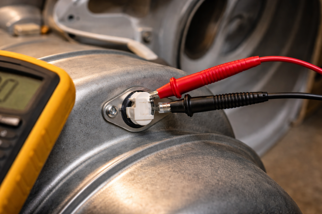 Multimeter probes testing continuity on a dryer thermal fuse inside a dryer.