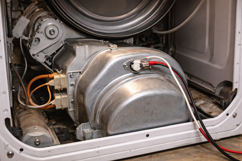 Rear interior of a dryer showing thermal fuse mounted on blower housing.