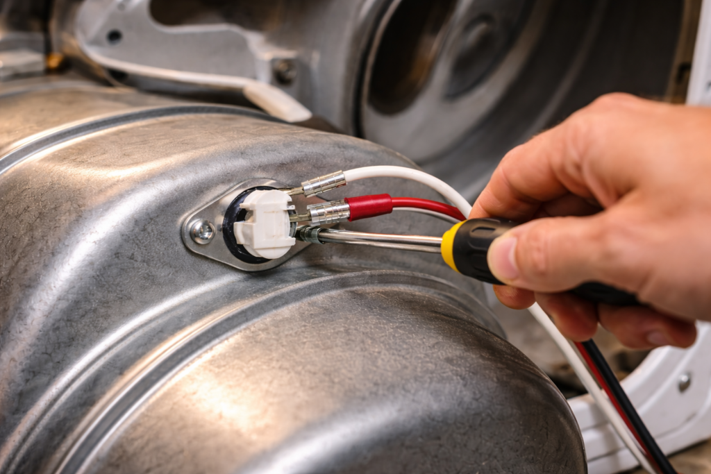 Installing a new dryer thermal fuse onto blower housing inside a dryer.