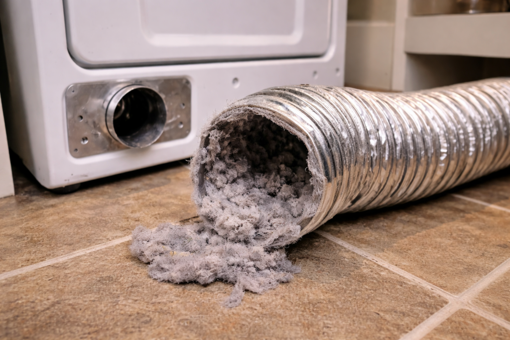 Dryer vent hose disconnected with visible lint buildup inside.