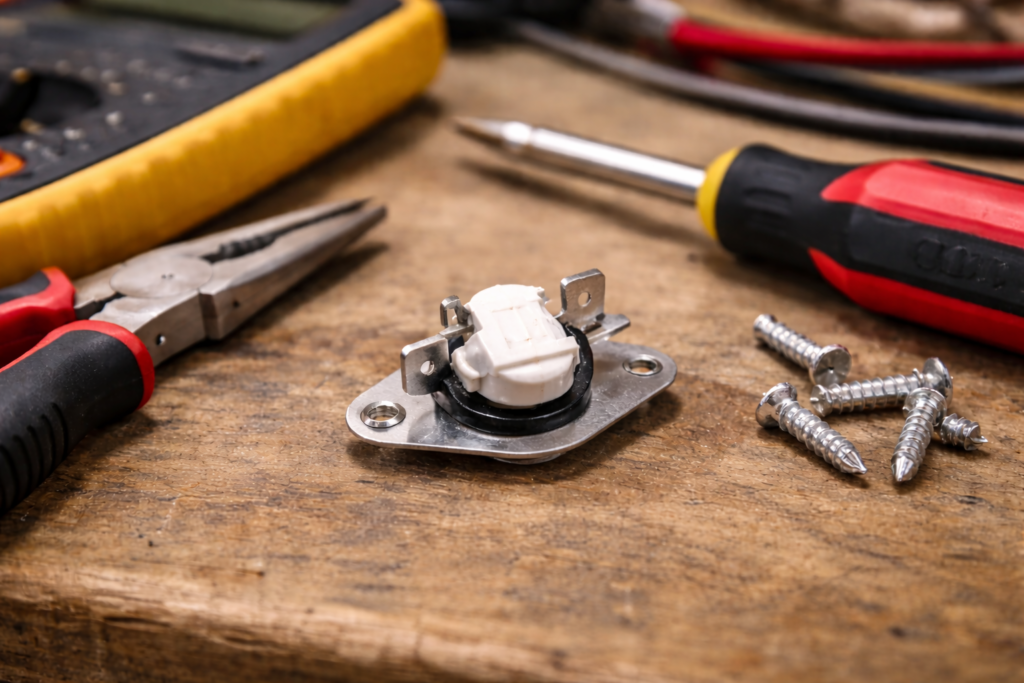 Dryer thermal fuse removed from dryer placed on workbench next to tools.