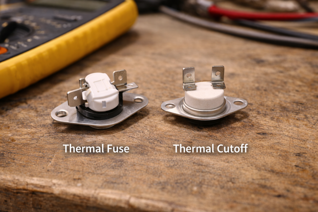 Dryer thermal fuse and thermal cutoff components placed side by side on workbench.