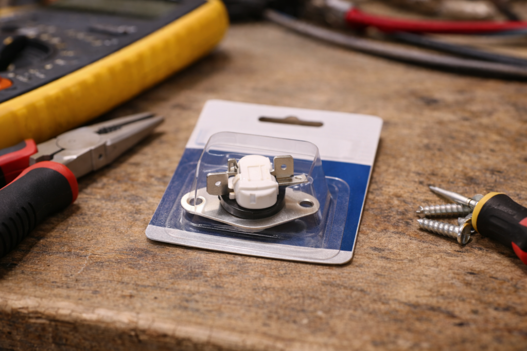 Dryer thermal fuse in simple packaging placed on a workbench.