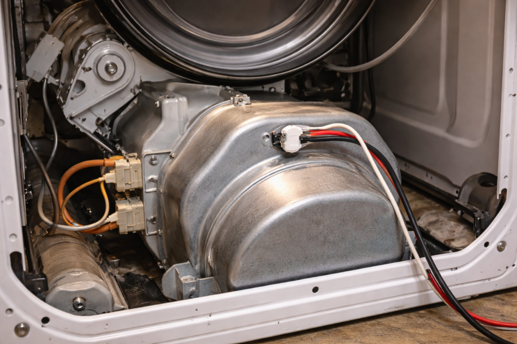 Rear interior of Whirlpool dryer showing thermal fuse mounted on blower housing.