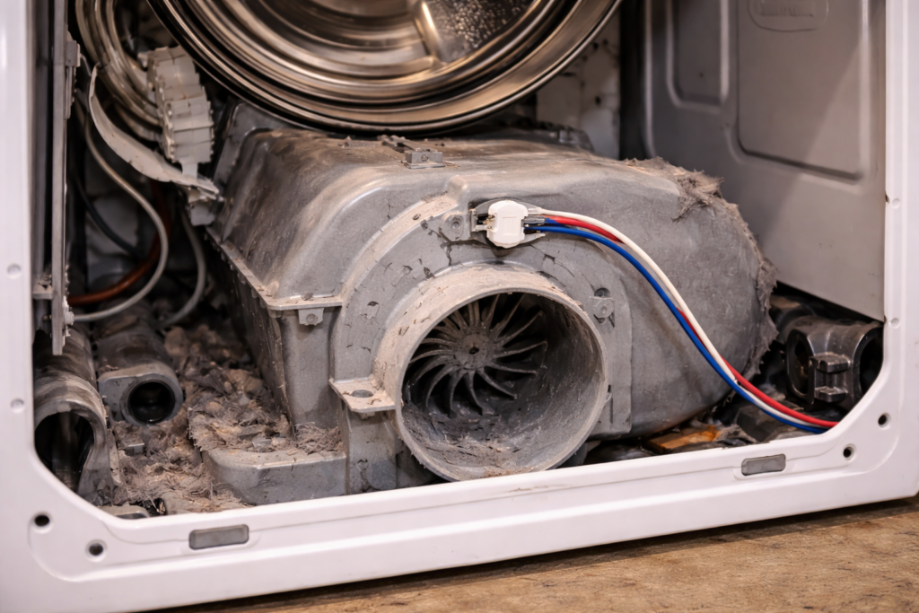 Interior of GE dryer showing thermal fuse mounted near blower housing.